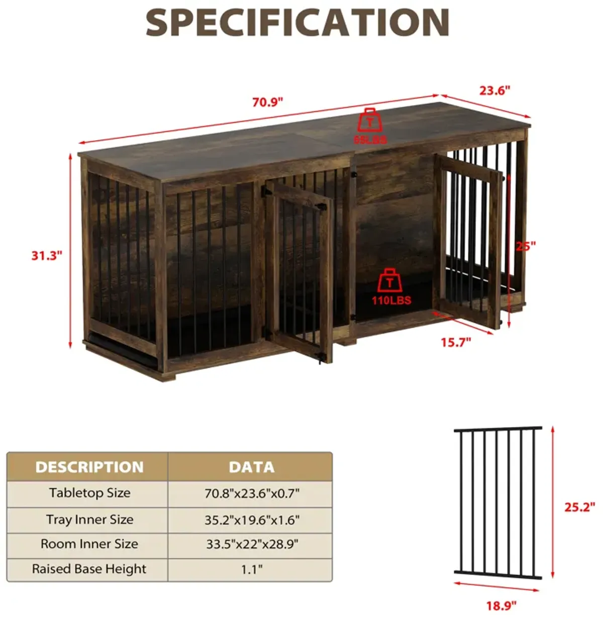 Tiger Skin Dog Crate Furniture for 2 Dogs, 71 in. Heavy-Duty Wooden Dog Crate with Trays & Divider for Large Medium Dogs