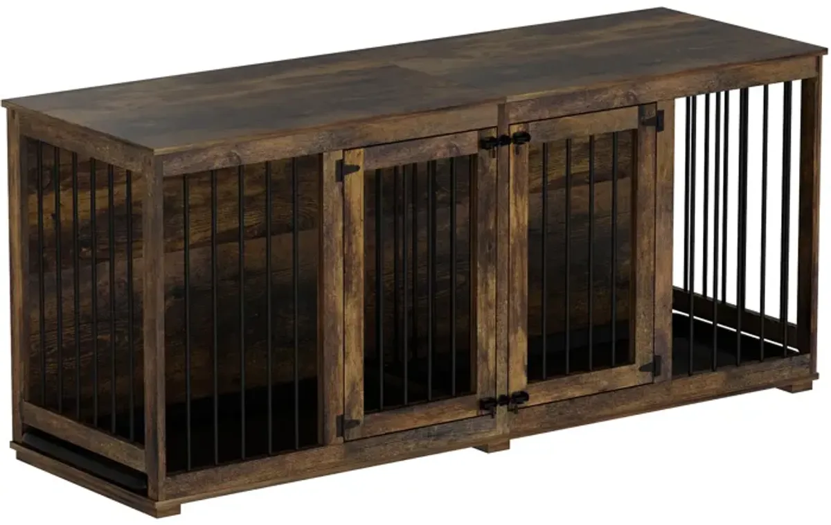 Tiger Skin Dog Crate Furniture for 2 Dogs, 71 in. Heavy-Duty Wooden Dog Crate with Trays & Divider for Large Medium Dogs