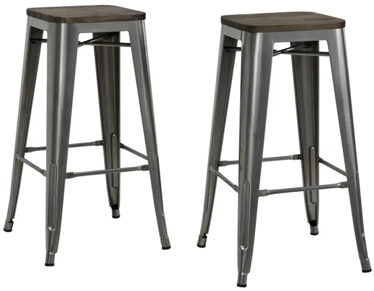 Atwater Living Zeno 30" Bar Stool with Wood Seat, Antique Gun Metal, Set of 2