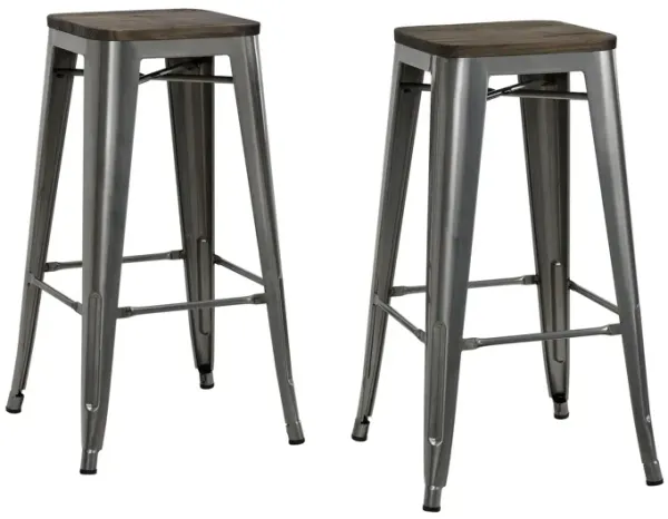 Atwater Living Zeno 30" Bar Stool with Wood Seat, Antique Gun Metal, Set of 2