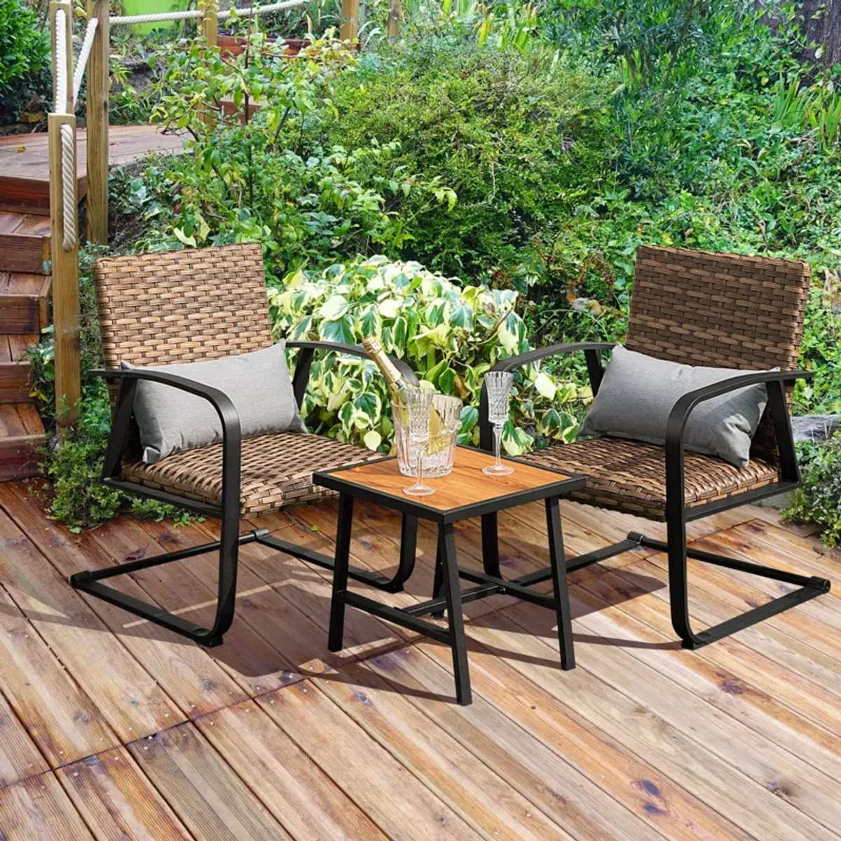 3 Pieces Patio Rattan Conversation Set with Quick Dry Lumbar Pillows