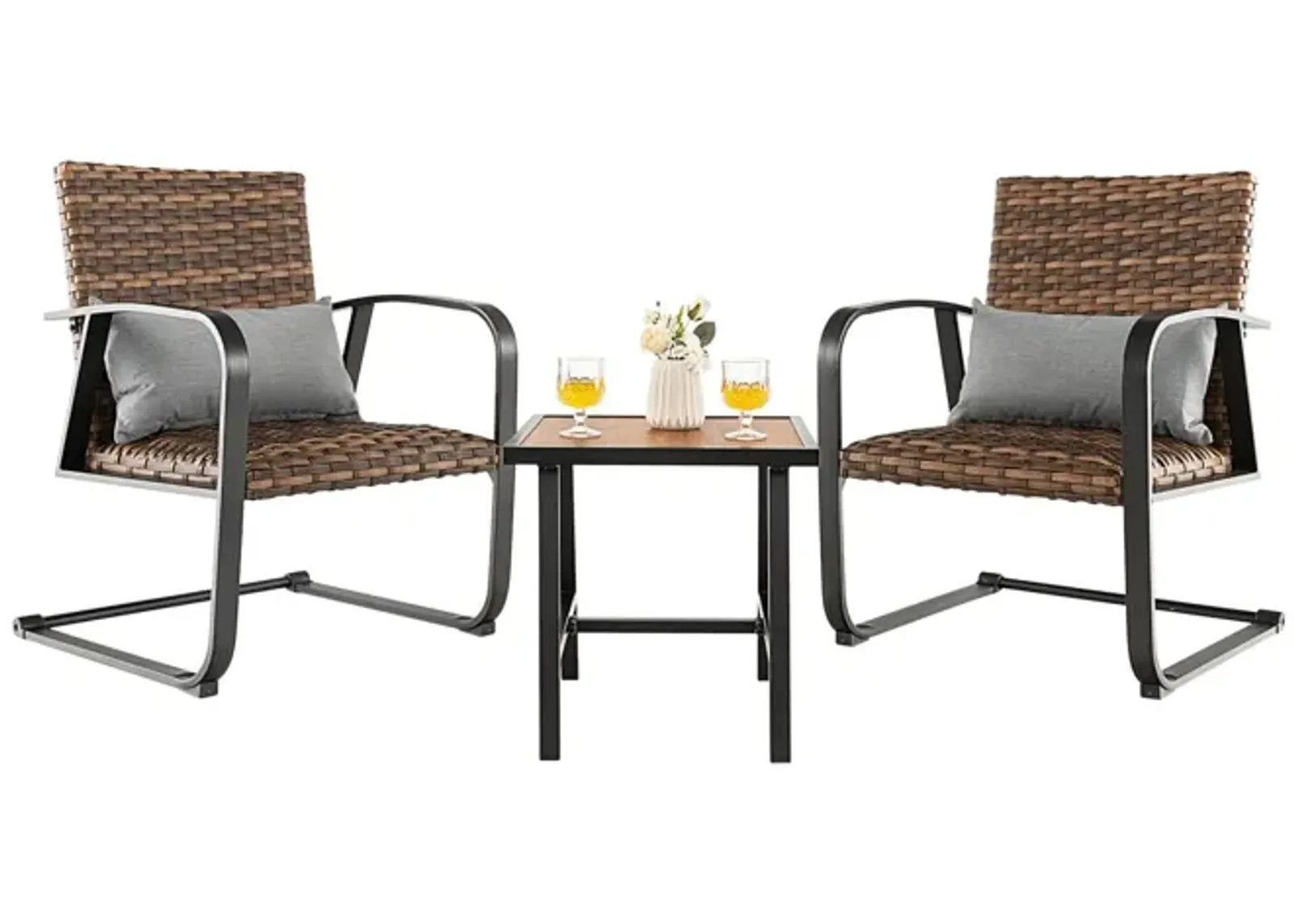 3 Pieces Patio Rattan Conversation Set with Quick Dry Lumbar Pillows