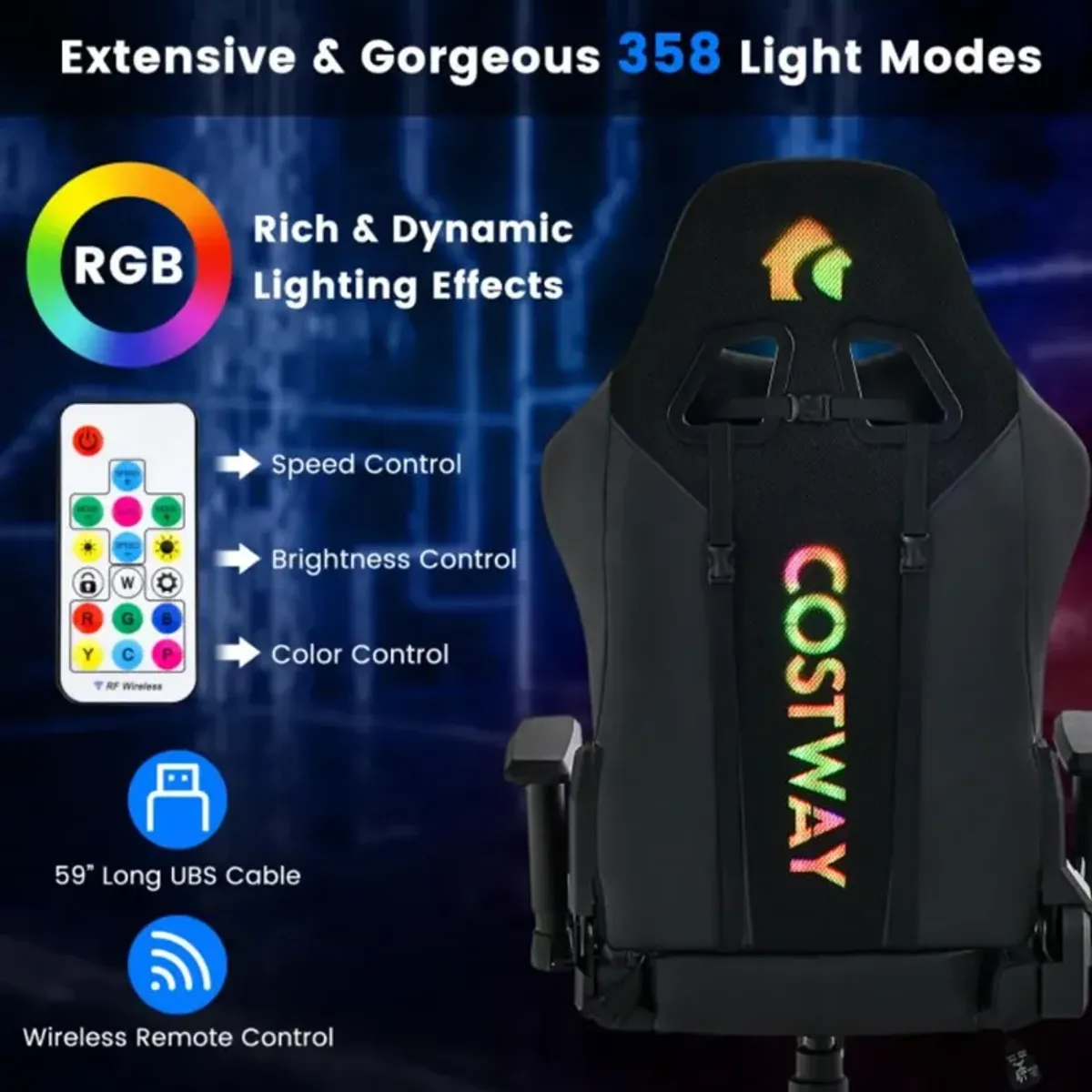 Costway Adjustable 360Â° Swivel PU Gaming Chair with RGB LED Lights and Nylon Base-Black