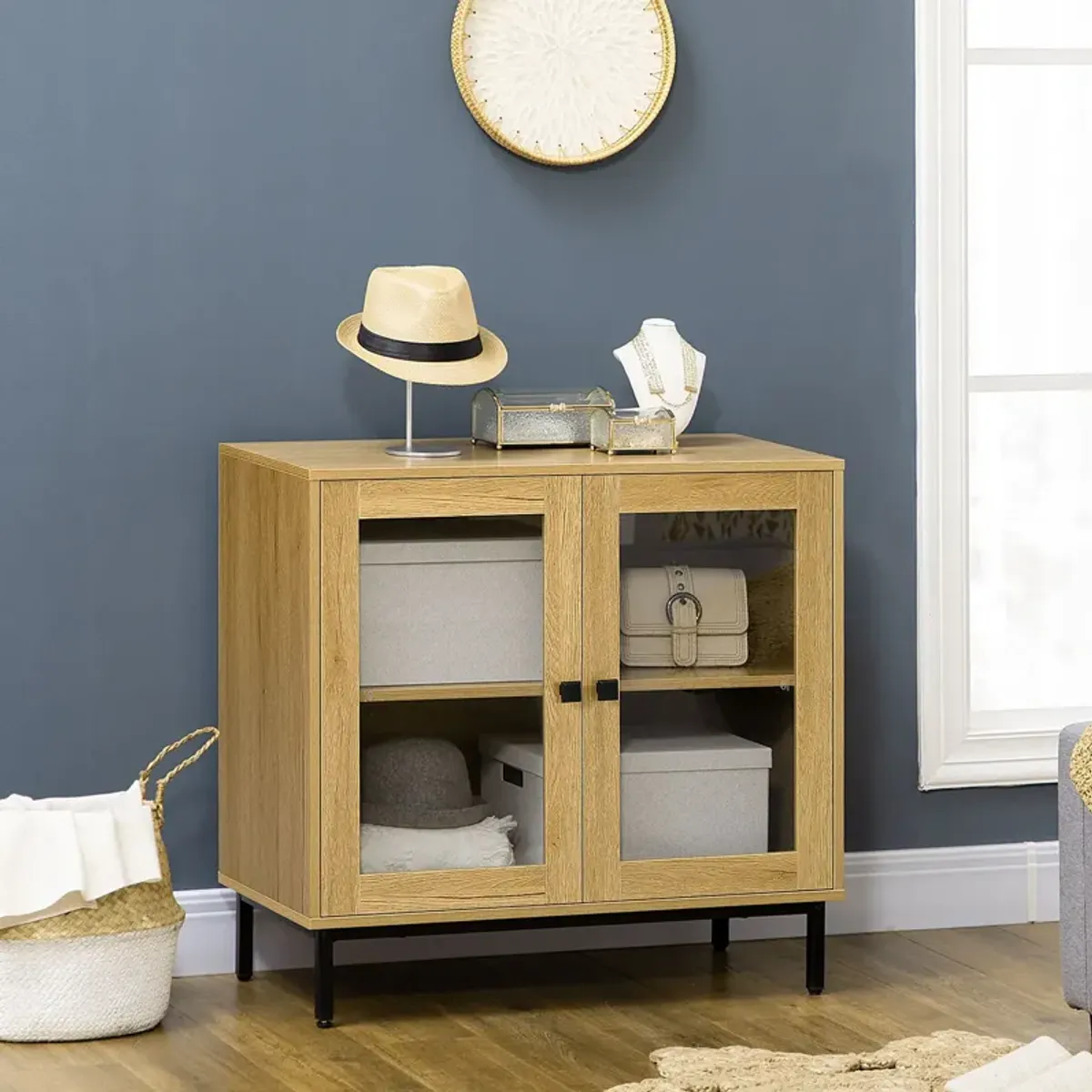 Gray Dining Room Storage: Cabinet with Glass Doors & Metal Legs