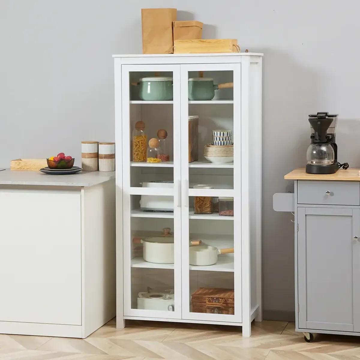 Modern Kitchen Pantry, 5-tier Storage Cabinet w/ Adjustable Shelves, White