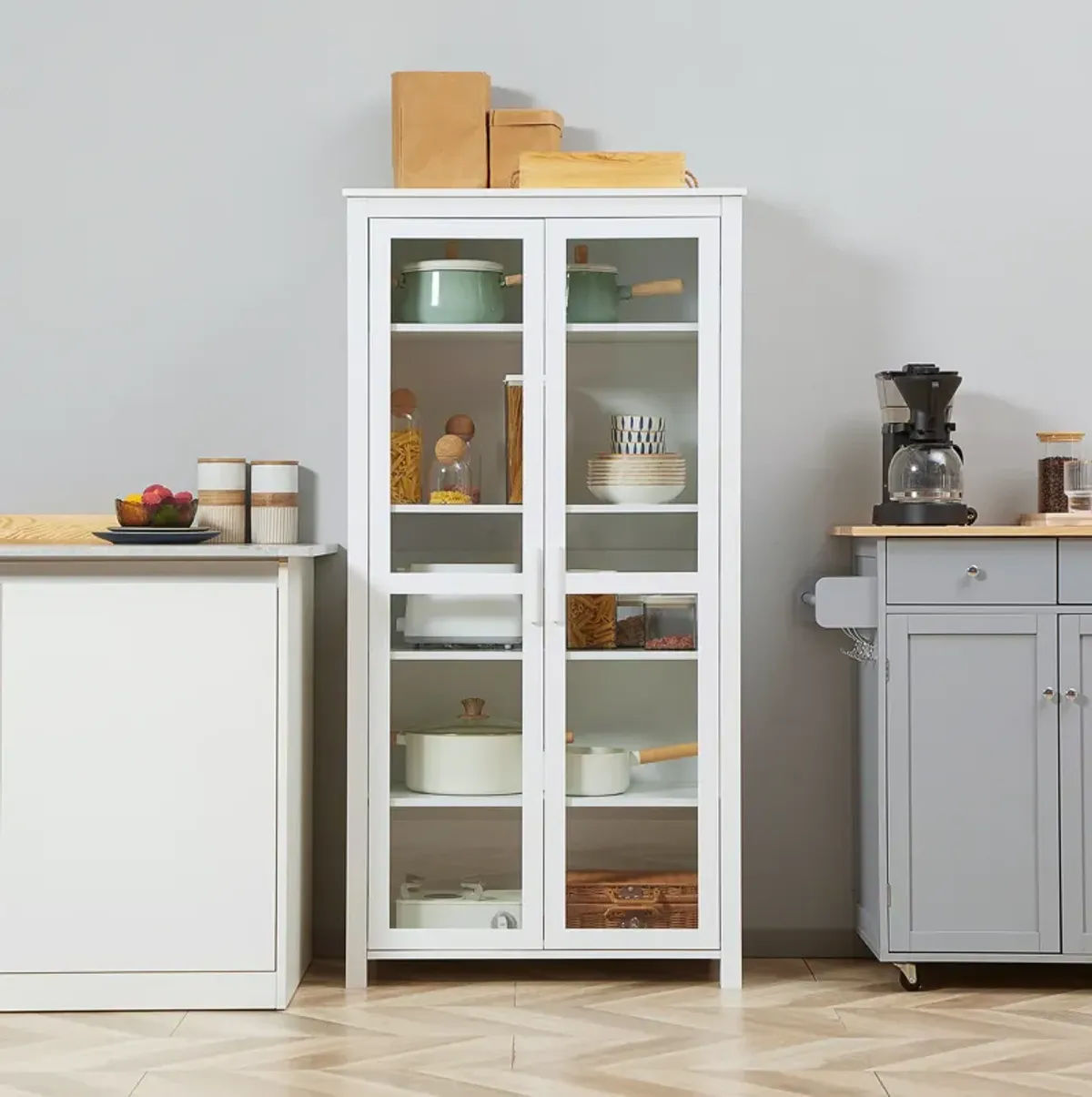 Modern Kitchen Pantry, 5-tier Storage Cabinet w/ Adjustable Shelves, White