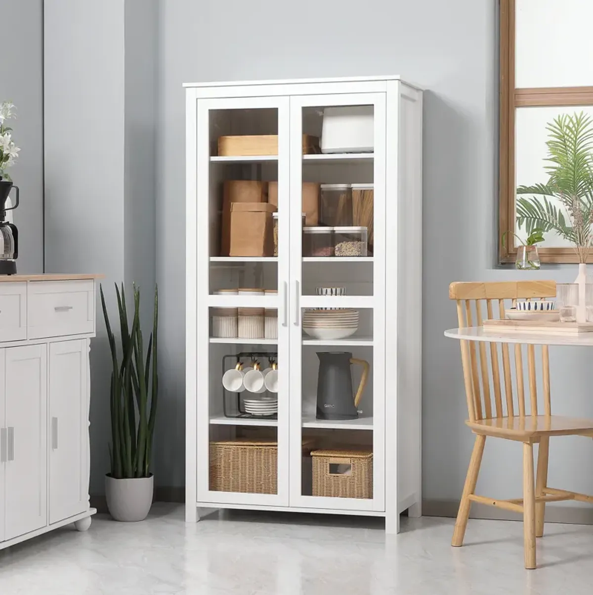 Modern Kitchen Pantry, 5-tier Storage Cabinet w/ Adjustable Shelves, White