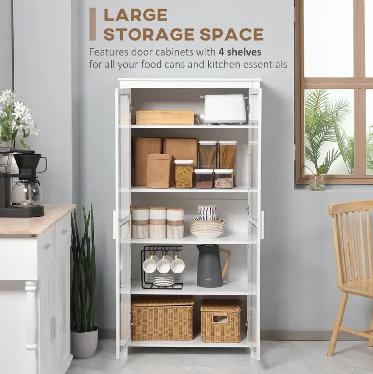 Modern Kitchen Pantry, 5-tier Storage Cabinet w/ Adjustable Shelves, White