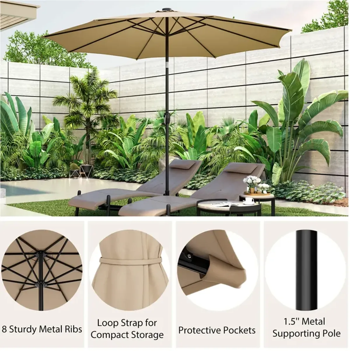 10-Foot Patio Umbrella with 112 Solar LED Lights and Crank Handle