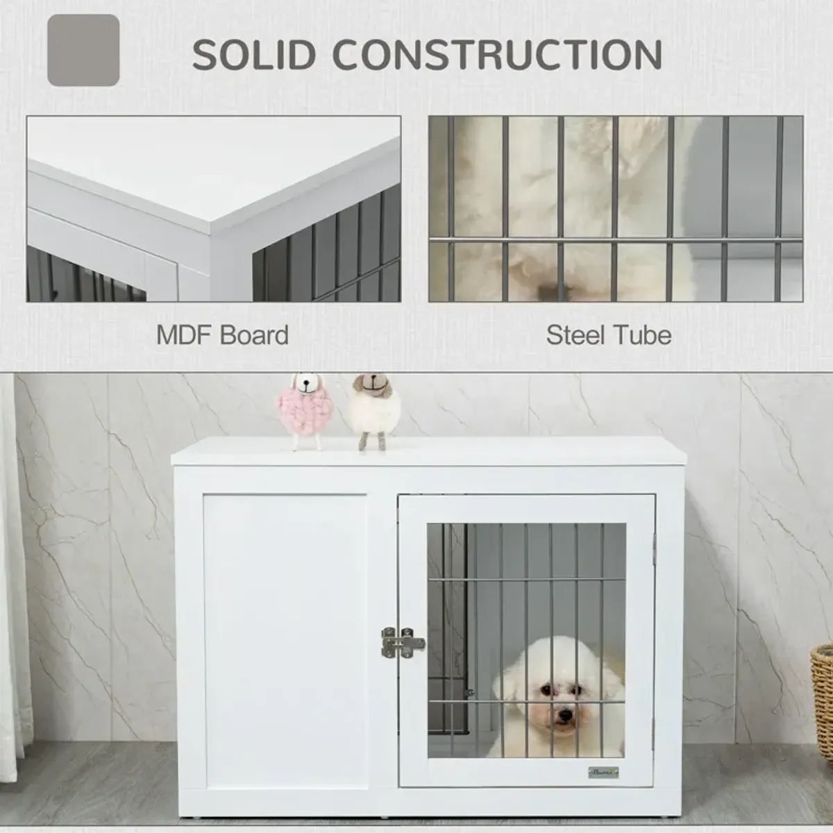 White Pet Furniture: 33" Indoor Dog Crate End Table with Locks