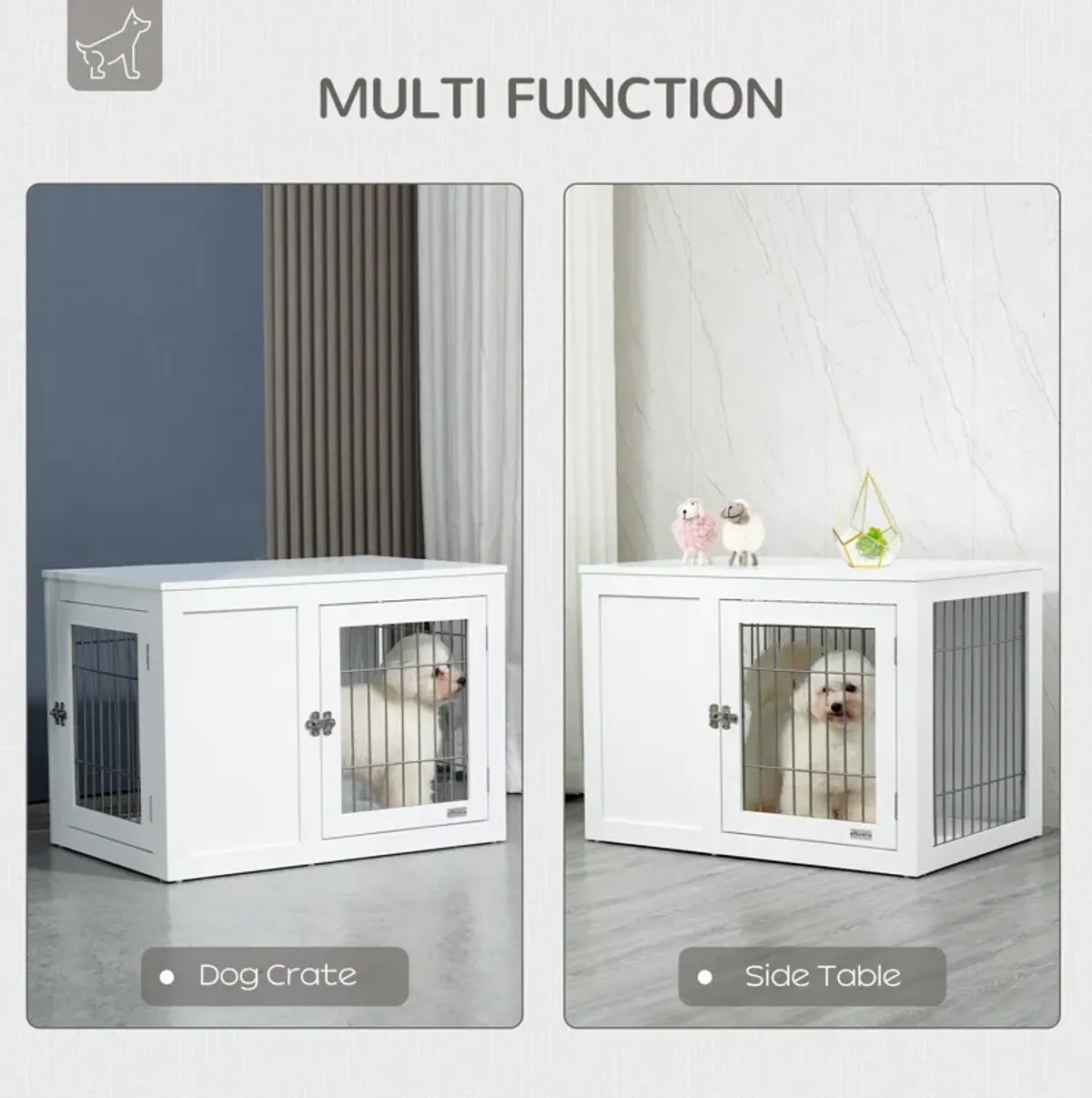 White Pet Furniture: 33" Indoor Dog Crate End Table with Locks