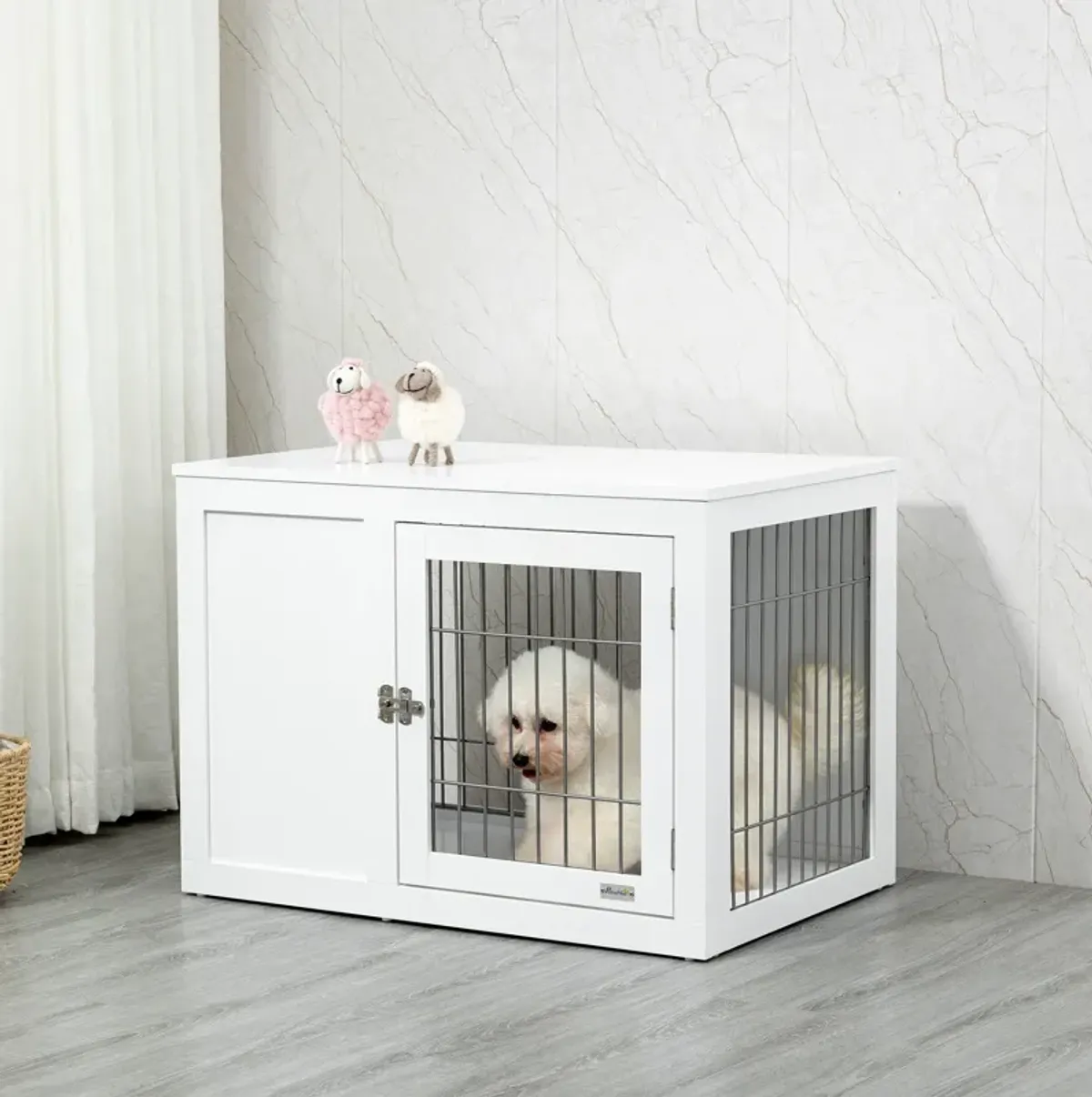 White Pet Furniture: 33" Indoor Dog Crate End Table with Locks