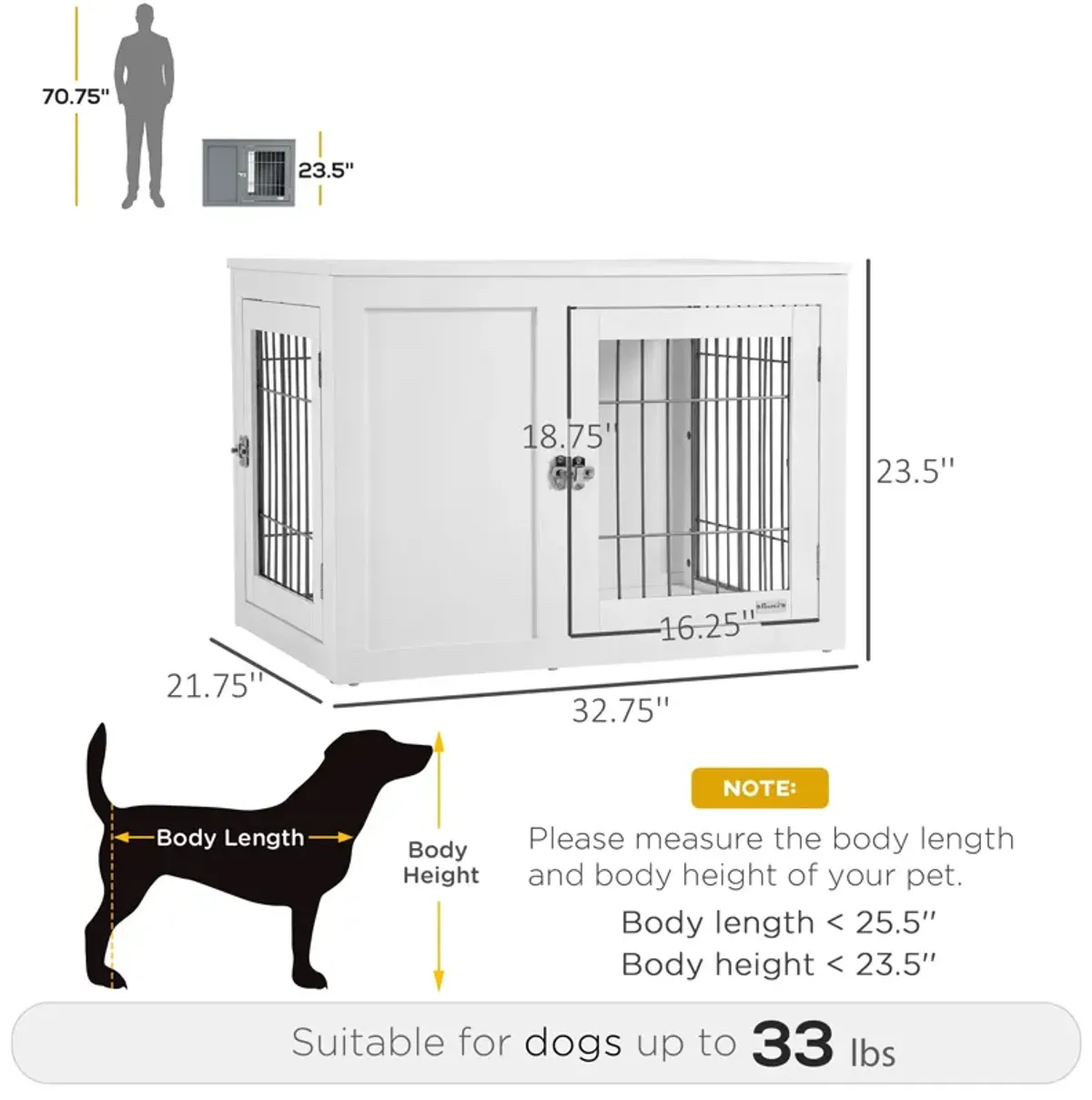 White Pet Furniture: 33" Indoor Dog Crate End Table with Locks