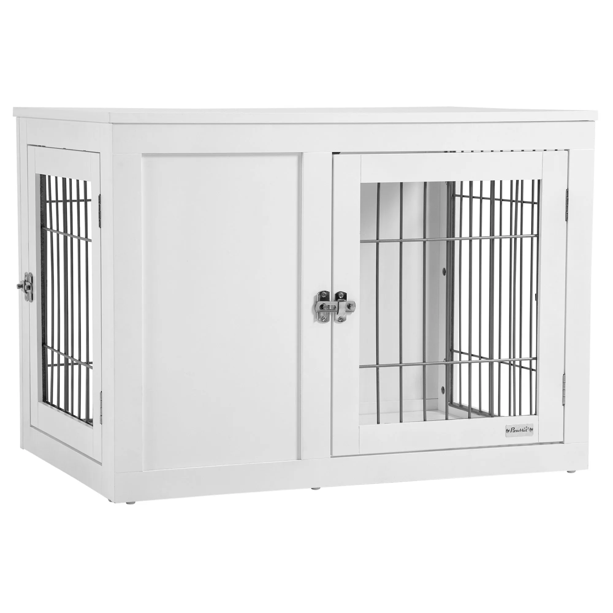 White Pet Furniture: 33" Indoor Dog Crate End Table with Locks