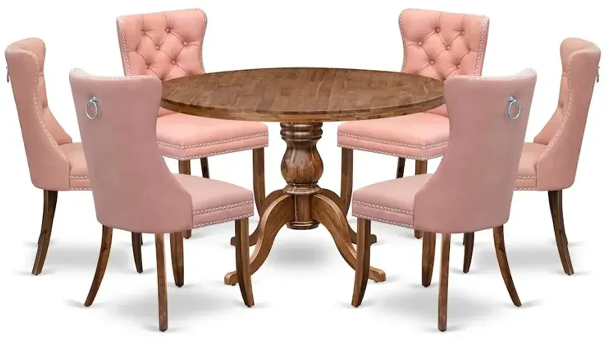 7-Pc Mid Century Dining Set Contain A Table And 6 Beige Red Upholstered Chairs