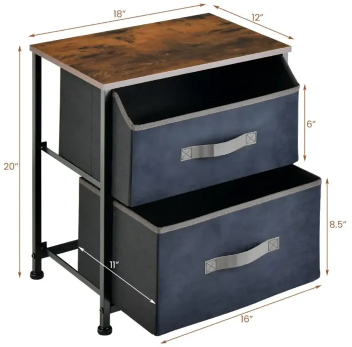 Hivvago 20 Inch Height Industrial Nightstand with 2 Pull-out Fabric Drawers-Rustic Brown