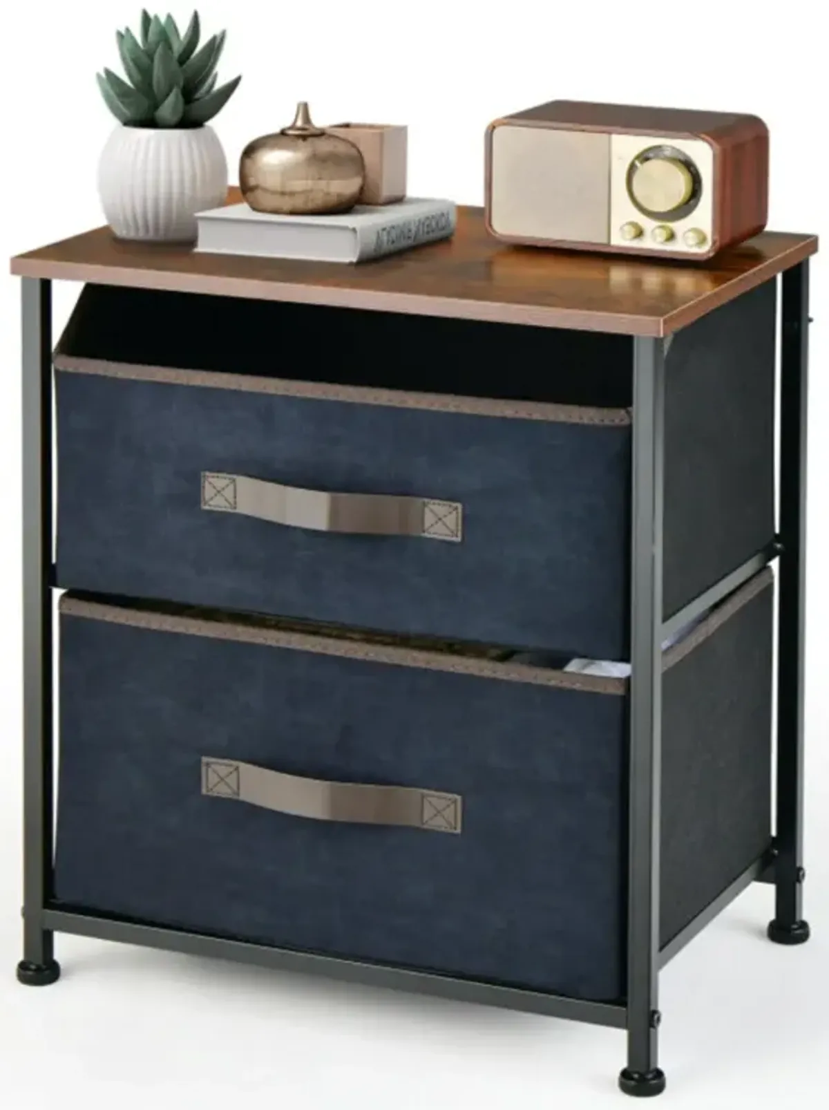 Hivvago 20 Inch Height Industrial Nightstand with 2 Pull-out Fabric Drawers-Rustic Brown