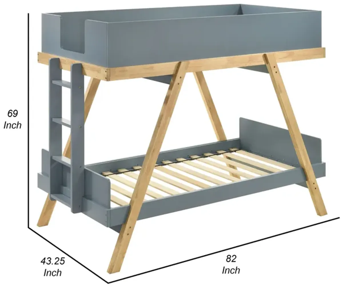 Anky Twin Size Bunk Bed, Brown Wood Frame, 3 Side Panel Security, Blue - Benzara