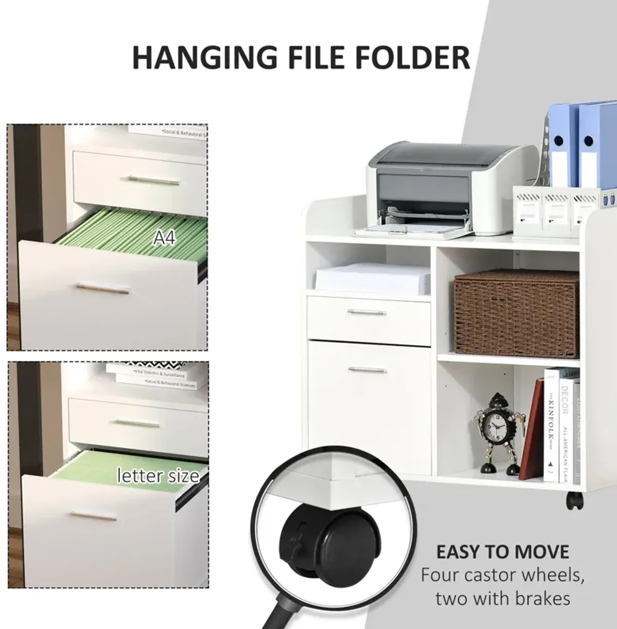 White Office Organizer: Mobile Filing Cabinet Printer Stand