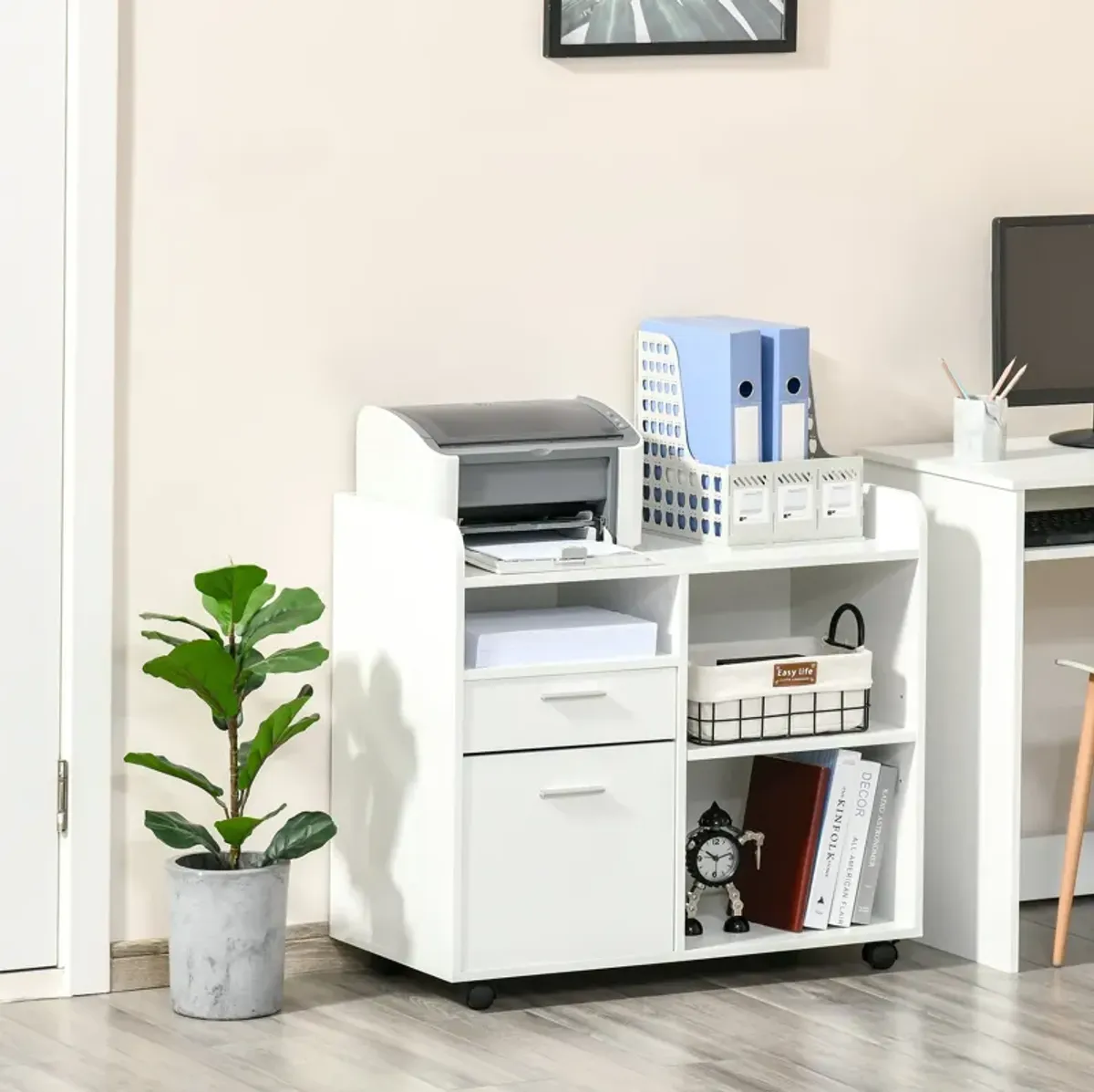 White Office Organizer: Mobile Filing Cabinet Printer Stand