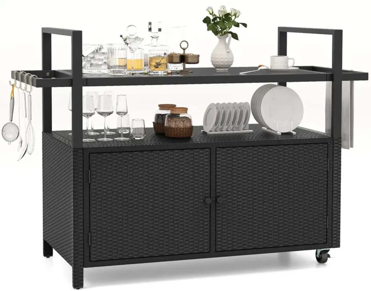 Outdoor Bar Cart Rolling Wicker Buffet Serving Cart with Tempered Glass Top Storage Cabinet