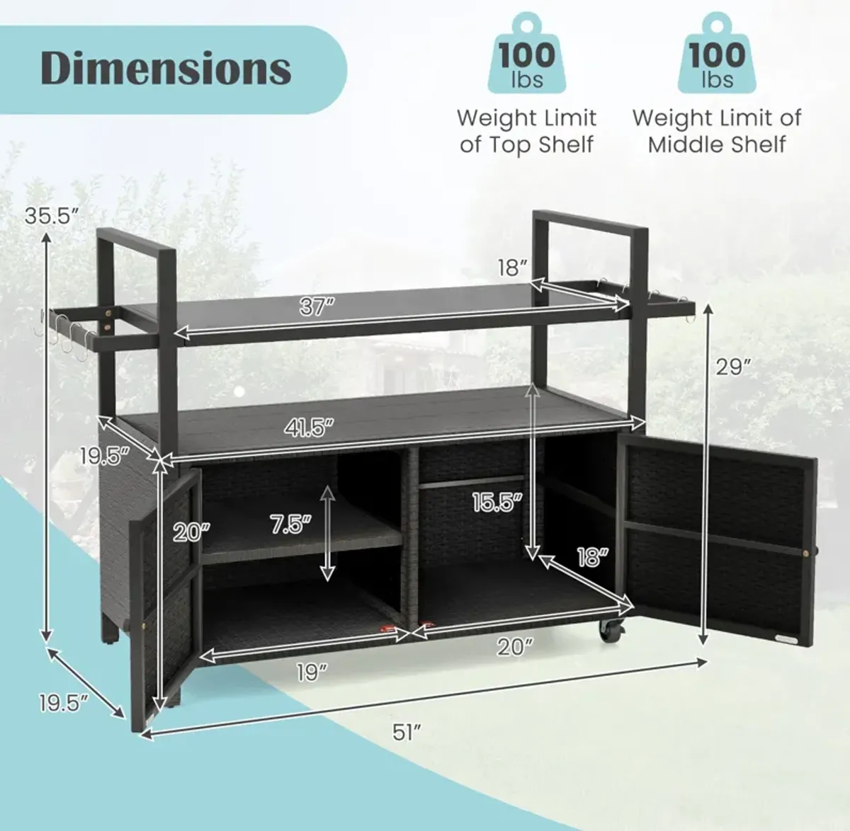 Outdoor Bar Cart Rolling Wicker Buffet Serving Cart with Tempered Glass Top Storage Cabinet