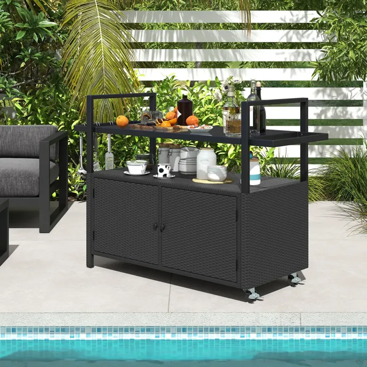 Outdoor Bar Cart Rolling Wicker Buffet Serving Cart with Tempered Glass Top Storage Cabinet