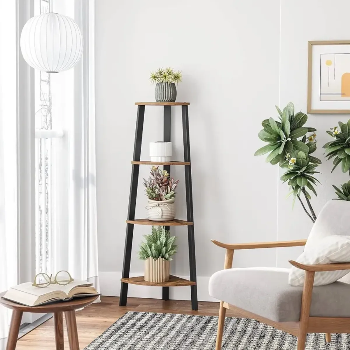 Narrow 3-Shelf Corner Shelving Unit Plant Stand Bookcase in Wood