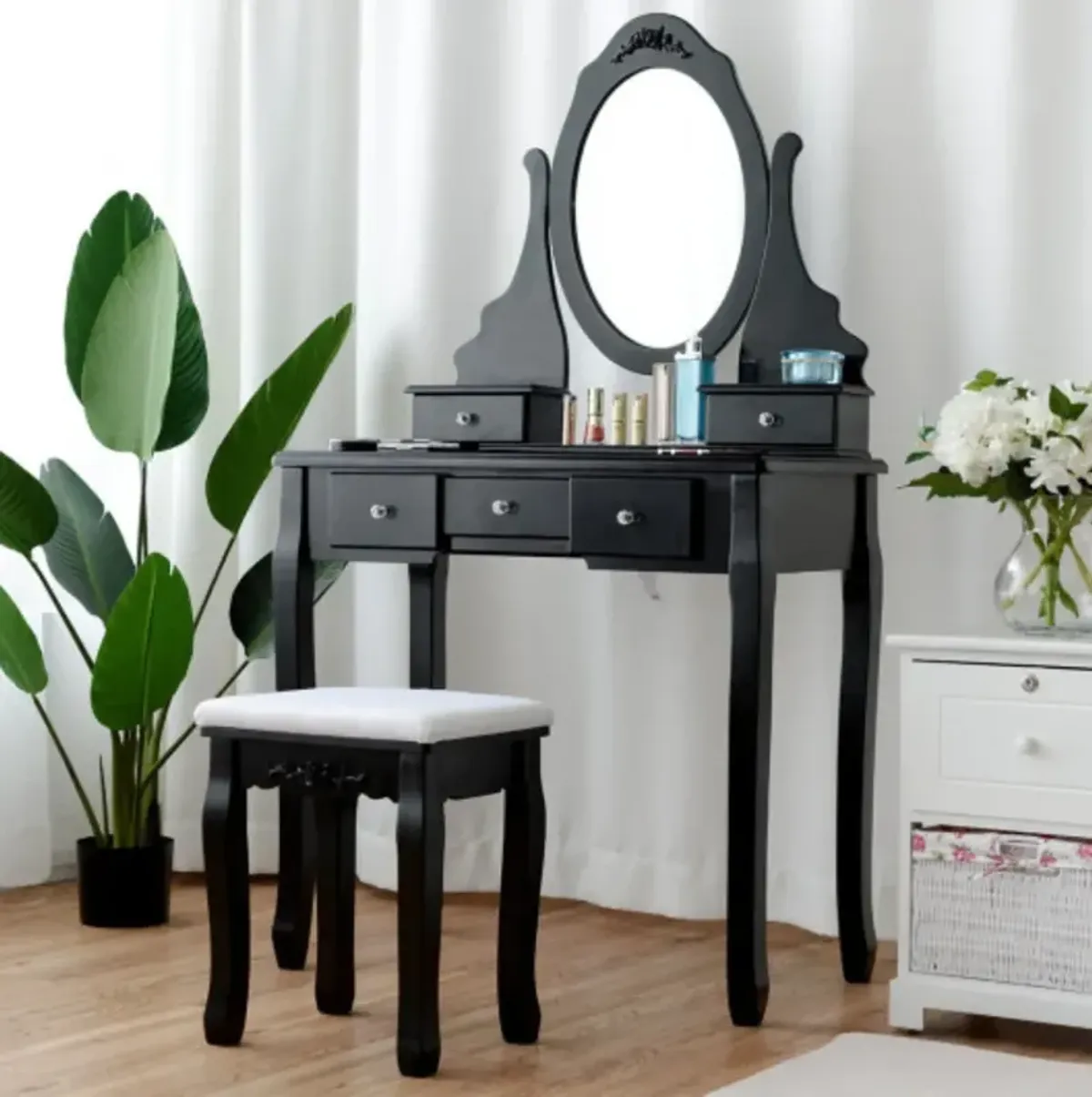 Wooden Vanity Set with 360� Rotating Oval Mirror and Cushioned Stool