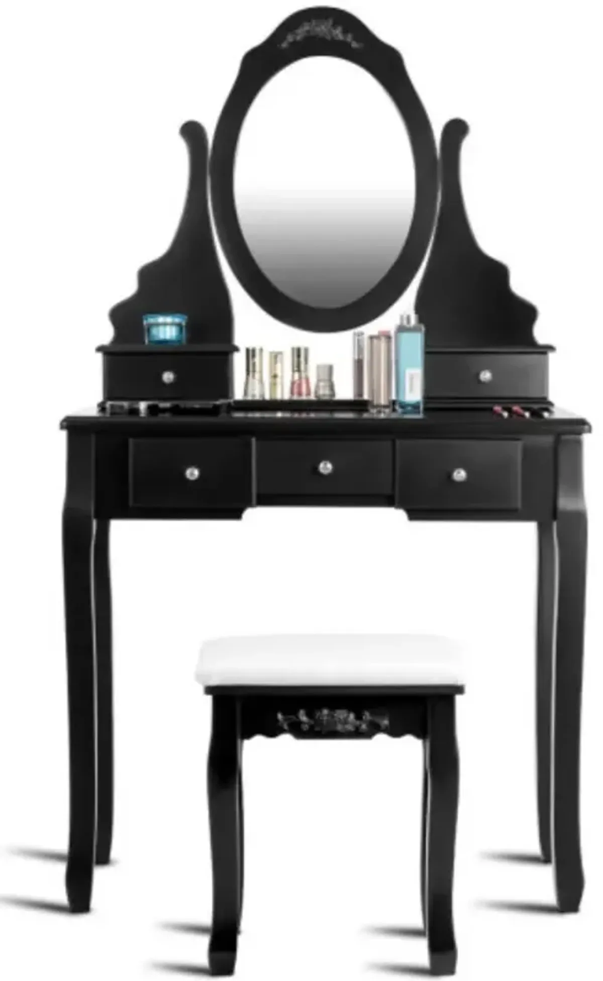 Wooden Vanity Set with 360� Rotating Oval Mirror and Cushioned Stool