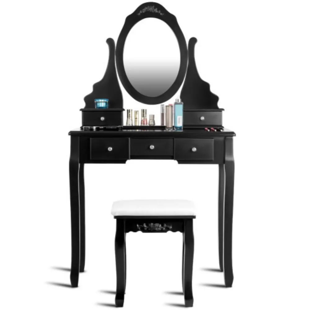Wooden Vanity Set with 360� Rotating Oval Mirror and Cushioned Stool