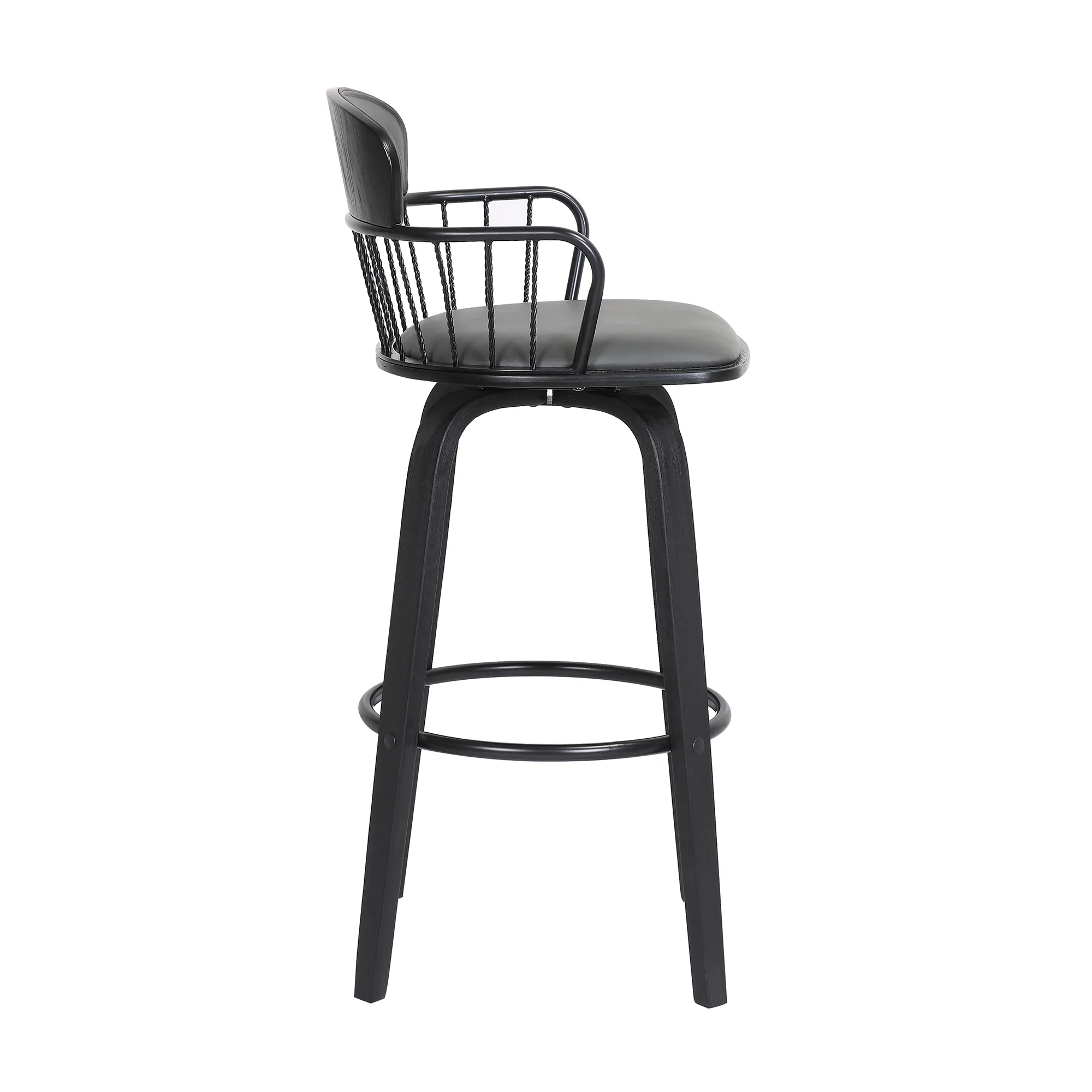 Willow Swivel Black Wood Counter Stool in Grey Faux Leather with Black Metal