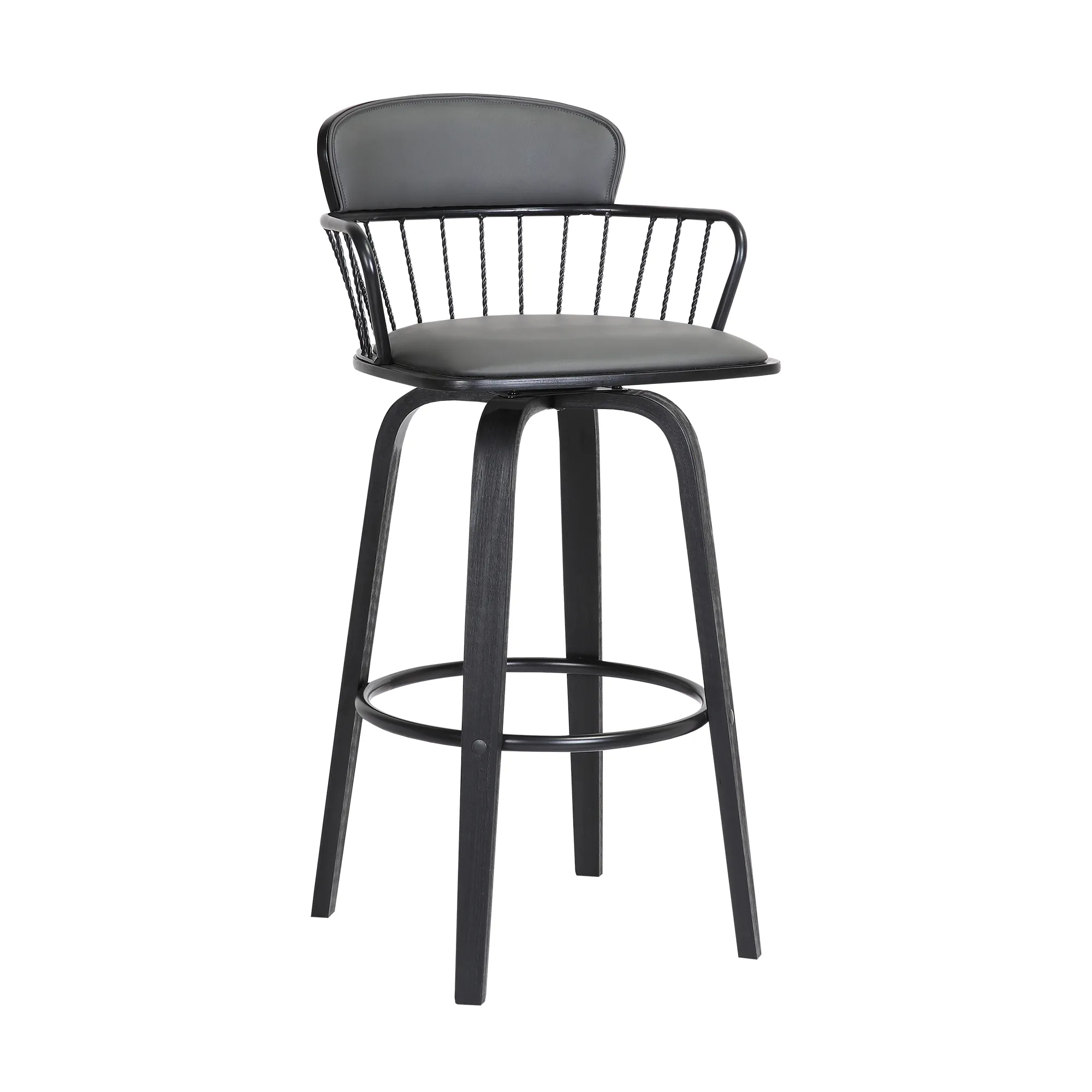 Willow Swivel Black Wood Counter Stool in Grey Faux Leather with Black Metal