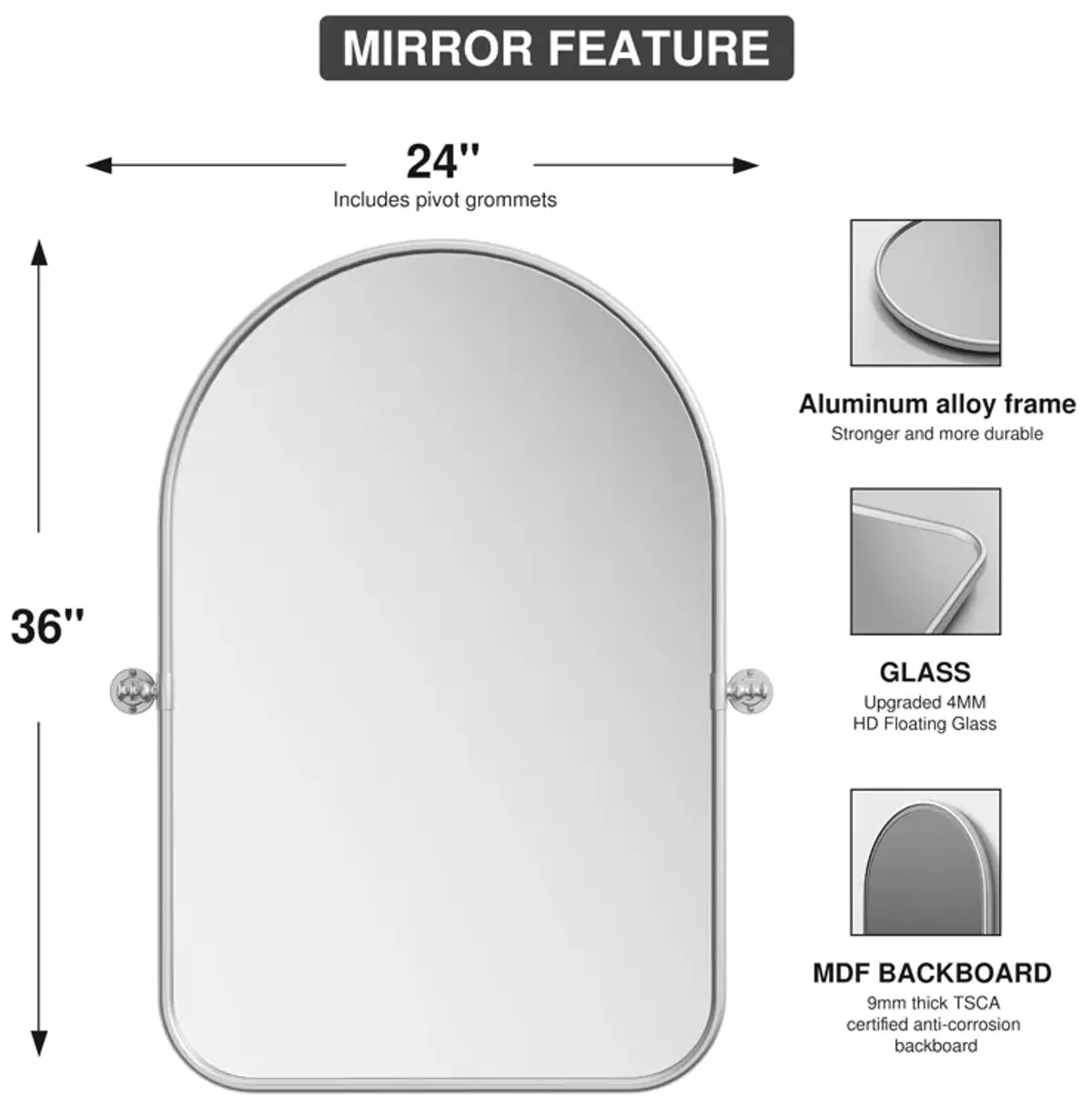 24*36  Arched Metal Sliver Framed Wall Mirror Round Corner Bathroom Vanity Mirror