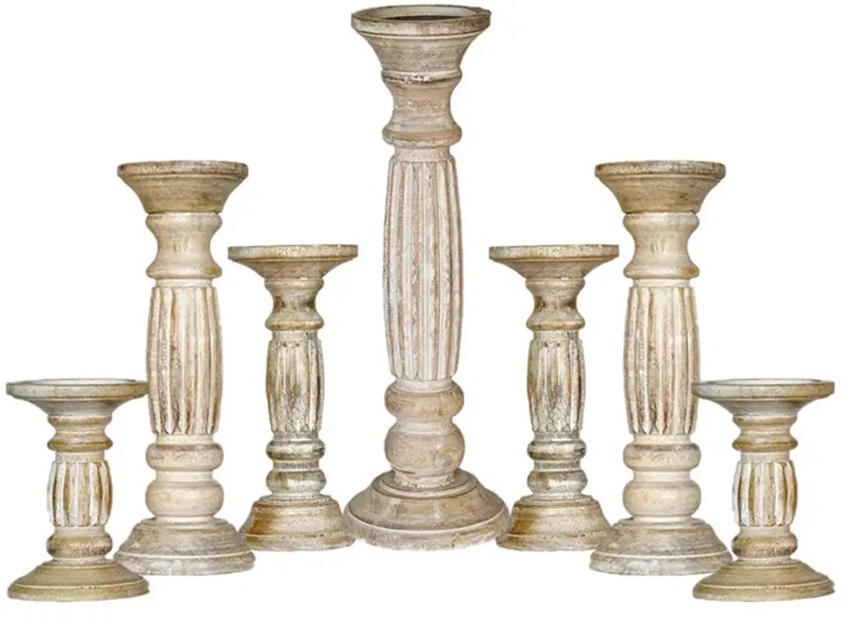 Traditional Antique White Eco-friendly Handmade Mango Wood Set Of Seven 6",9",12",15",12",9" & 6" Pillar Candle Holder