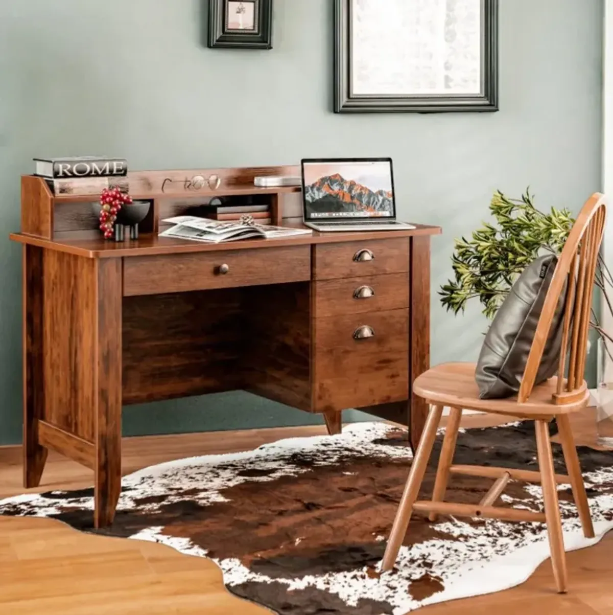 Hivvago Vintage Computer Desk with Storage Shelves and 4 Drawers