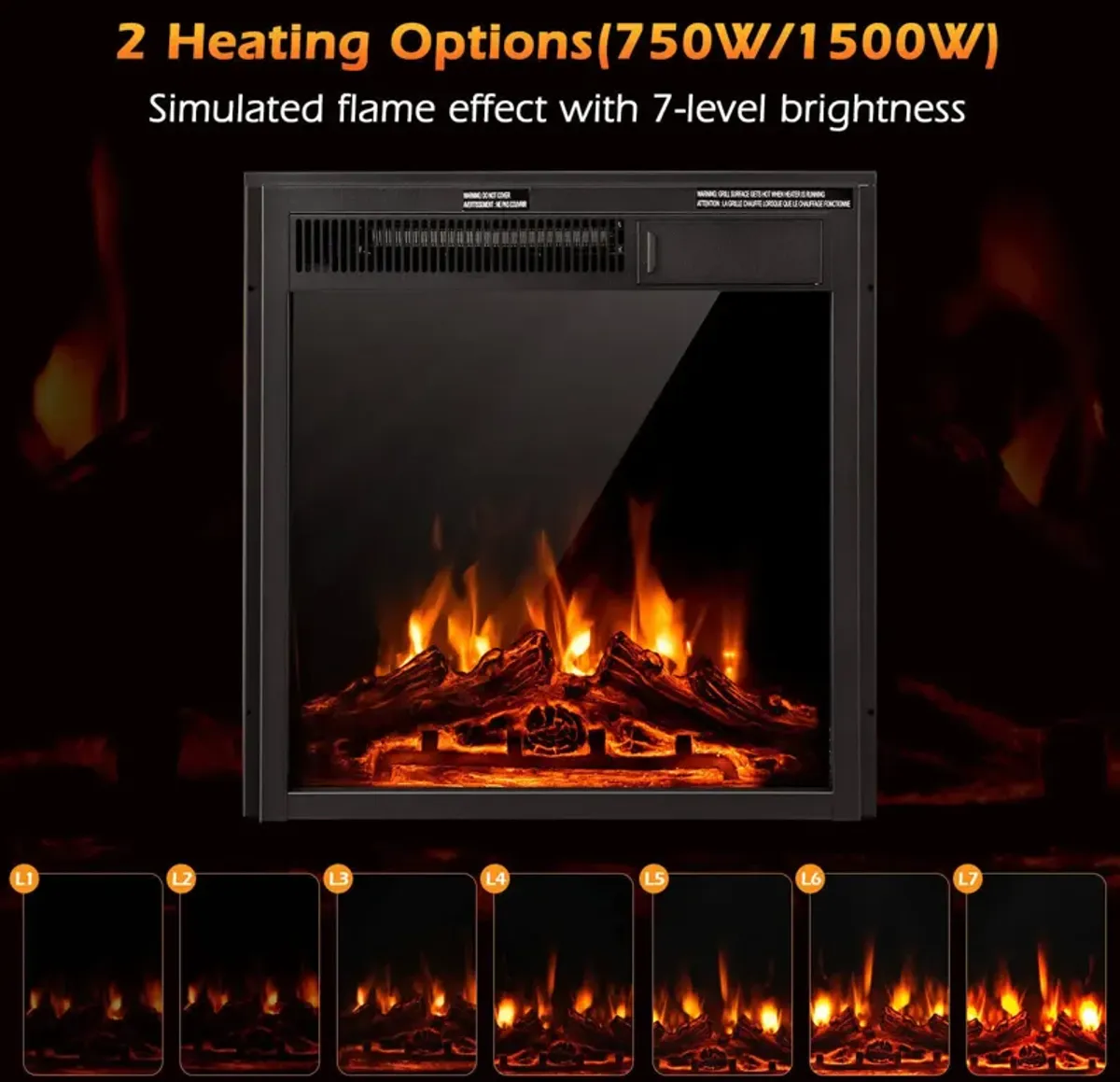 Electric Fireplace Insert with 7-Level Adjustable Flame Brightness