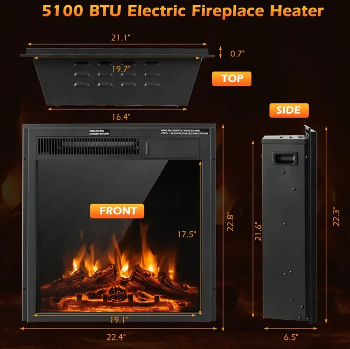 Electric Fireplace Insert with 7-Level Adjustable Flame Brightness