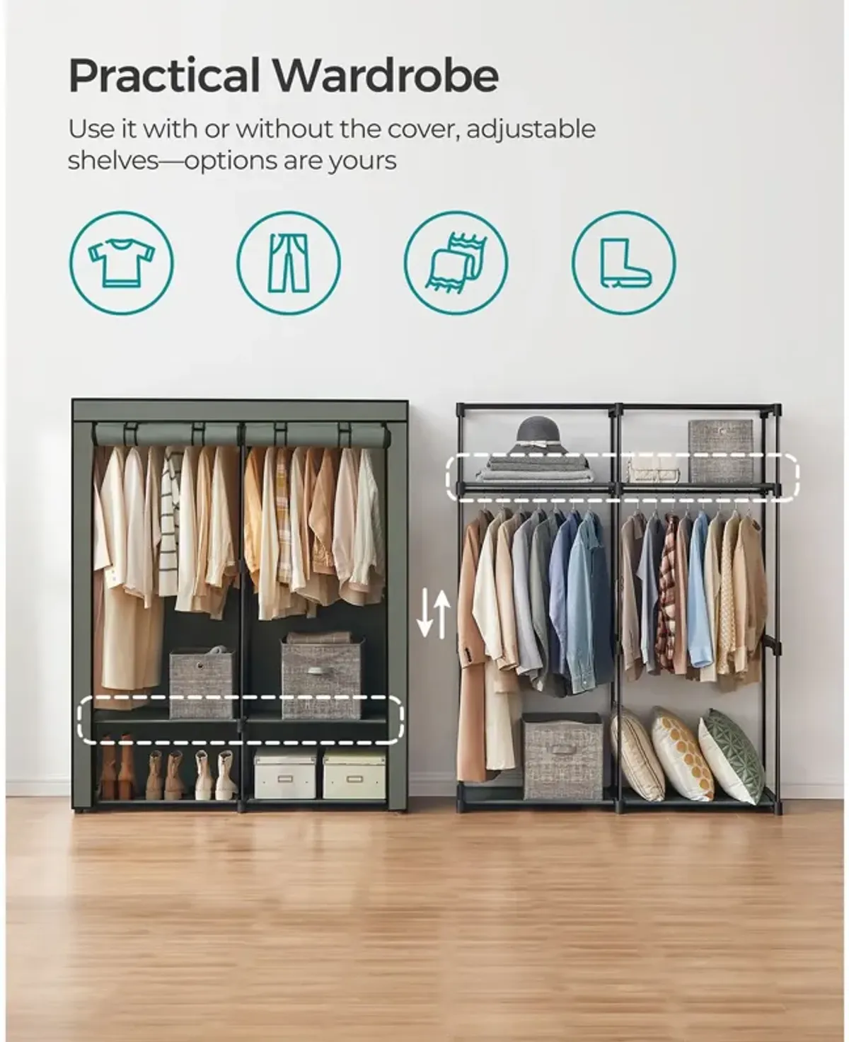 Portable Wardrobe with Hanging Rods for Closet Organization