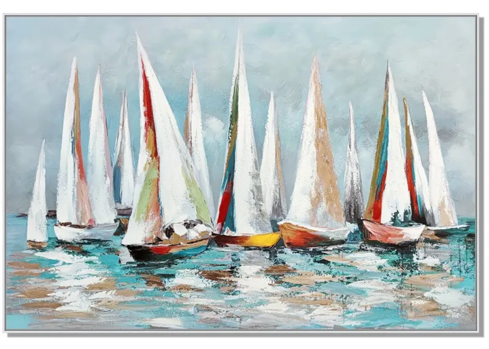 Hy 39 x 59 Hand Painted Multicolor Floating Boats, Modern, White Frame  - Benzara