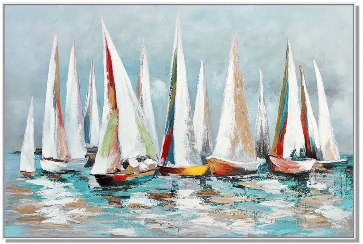 Hy 39 x 59 Hand Painted Multicolor Floating Boats, Modern, White Frame  - Benzara