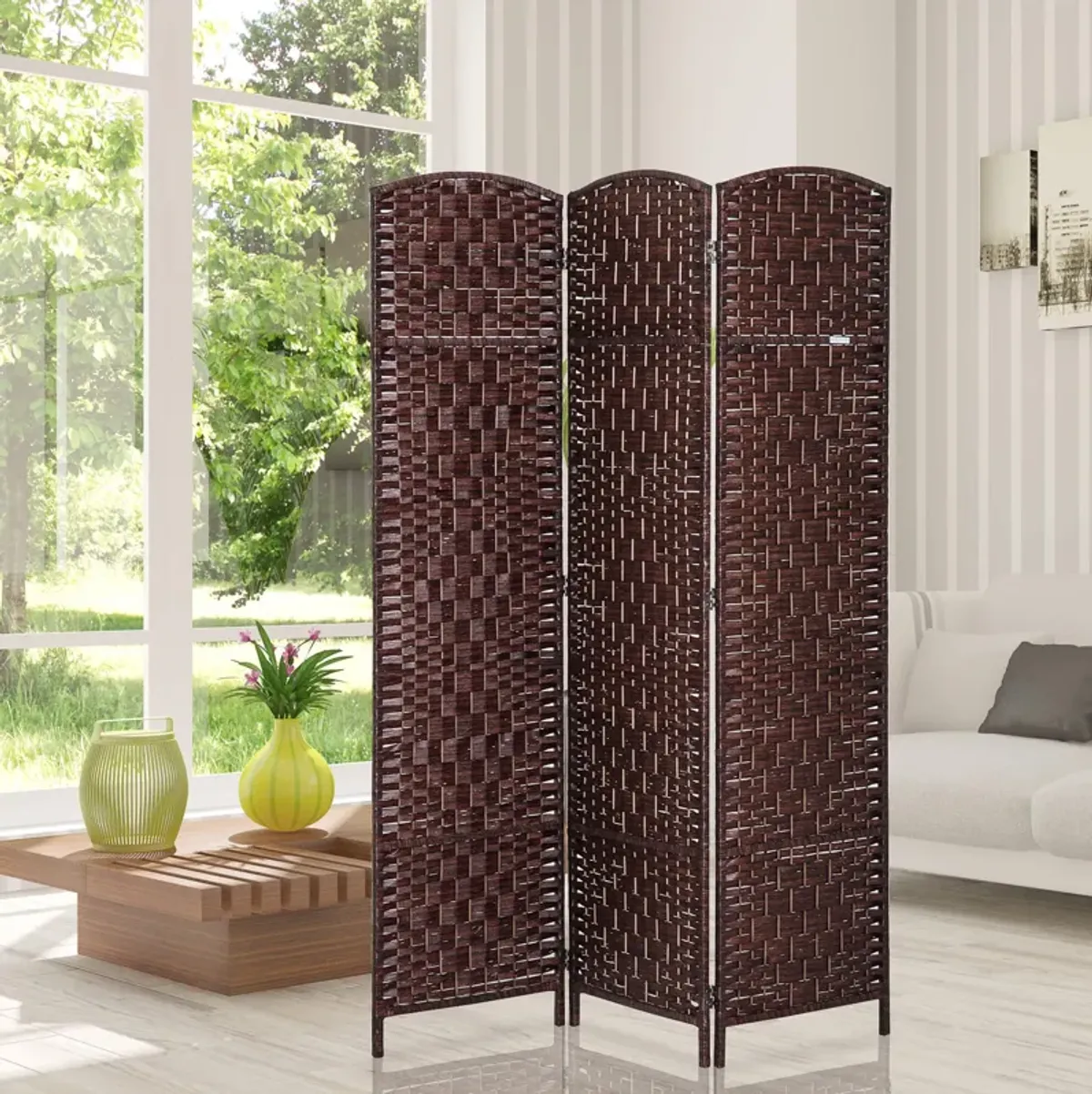 Brown Privacy Screen: 3-Panel 6' Tall Folding Wicker Room Divider