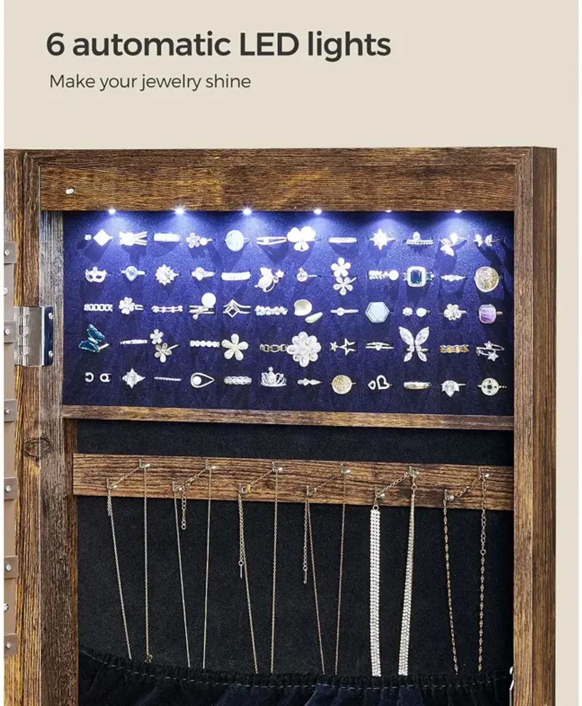 6 LEDs Jewelry Organizer Cabinet Armoire with Full Screen Mirror, Wall Hanging/Door Mounted, Large Capacity