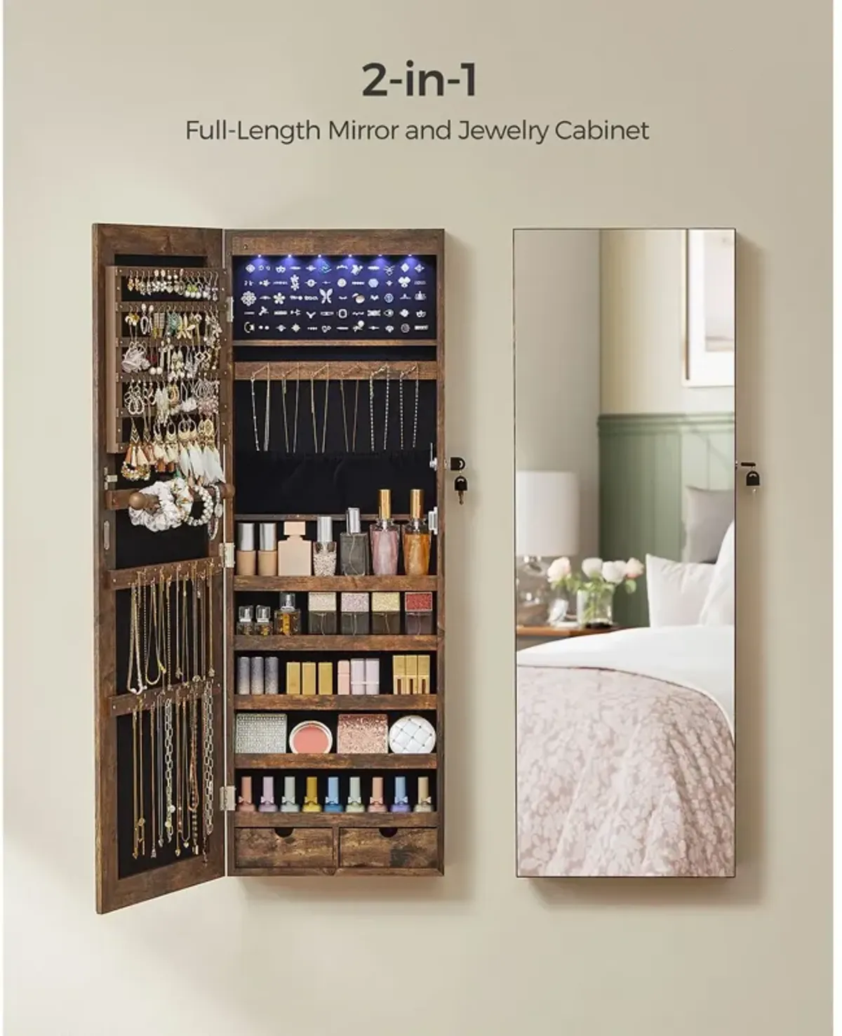 6 LEDs Jewelry Organizer Cabinet Armoire with Full Screen Mirror, Wall Hanging/Door Mounted, Large Capacity