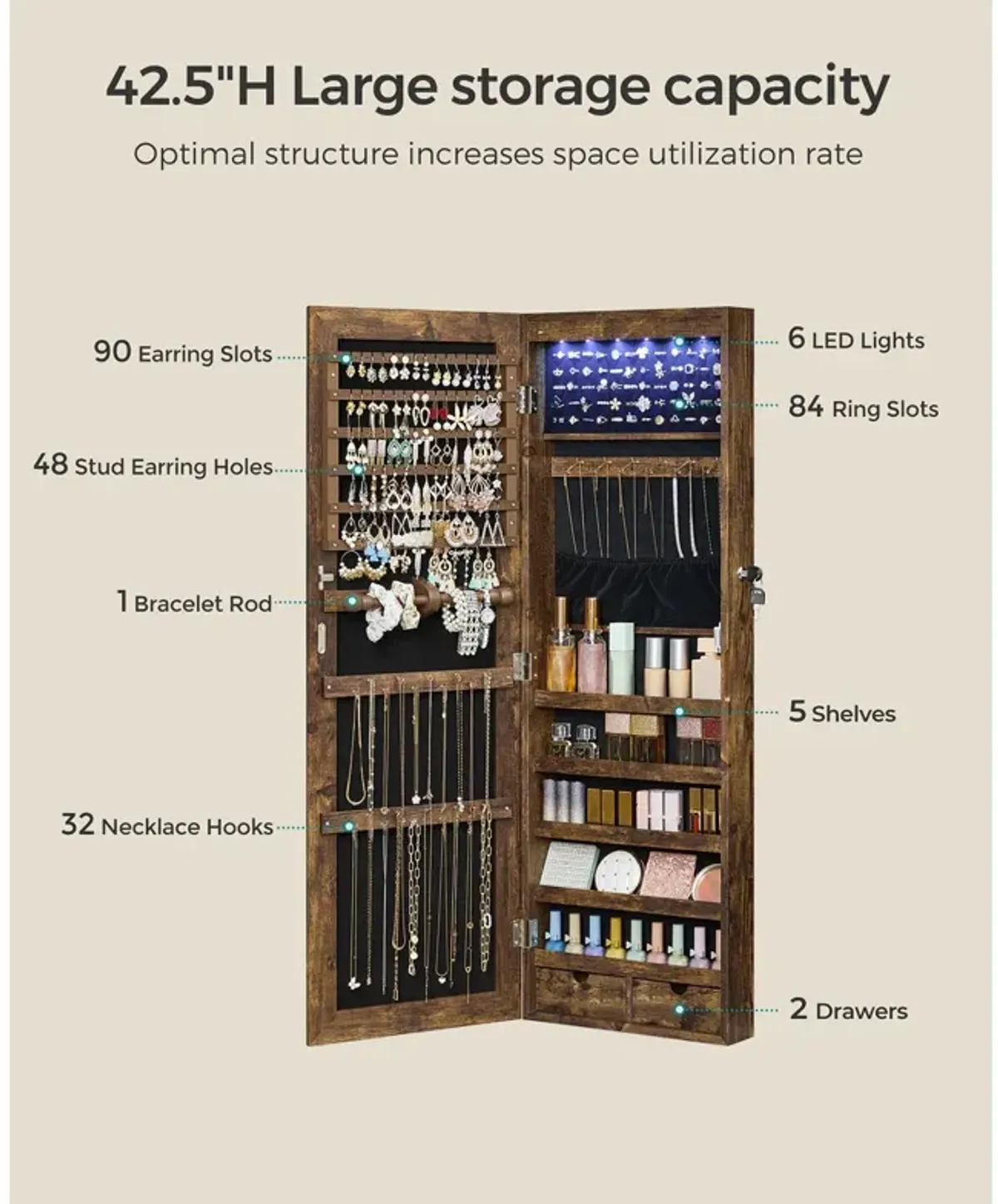 6 LEDs Jewelry Organizer Cabinet Armoire with Full Screen Mirror, Wall Hanging/Door Mounted, Large Capacity