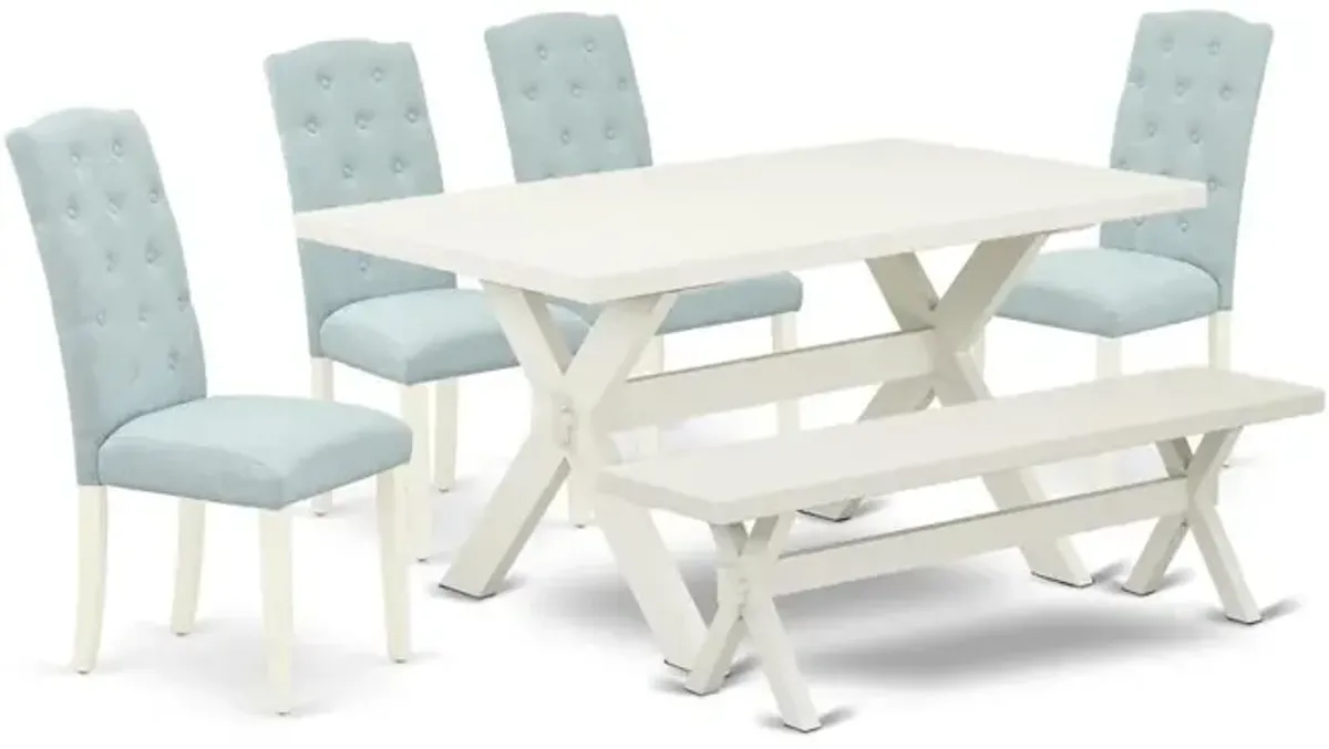 East West Furniture 6-Piece -Baby Blue Linen Fabric Seat and Button Tufted Chair Back Kitchen chairs, A Rectangular Bench and Rectangular Top Modern Dining Table with Hardwood Legs - Linen White and L