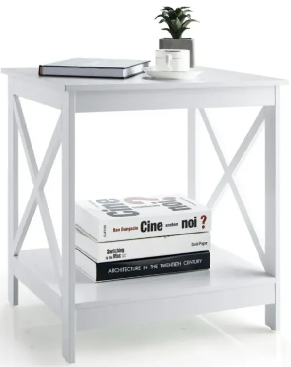 2-Tier Side Table with X-shape Design and 4 Solid Legs