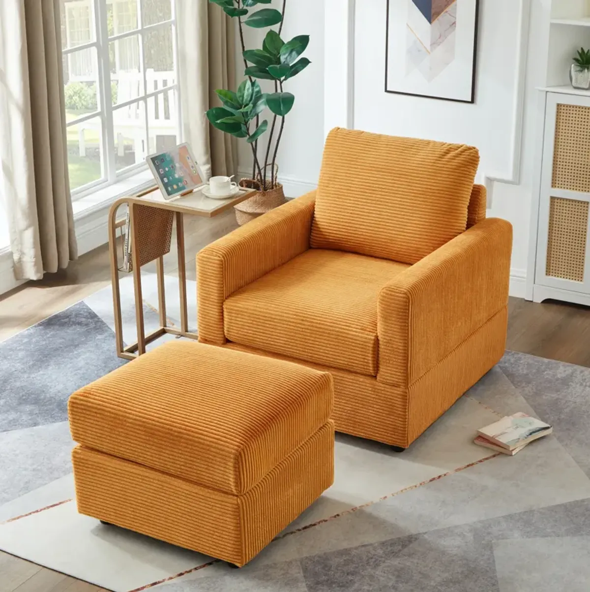 Merax Classic Corduroy Upholstered Accent Chair with Ottoman