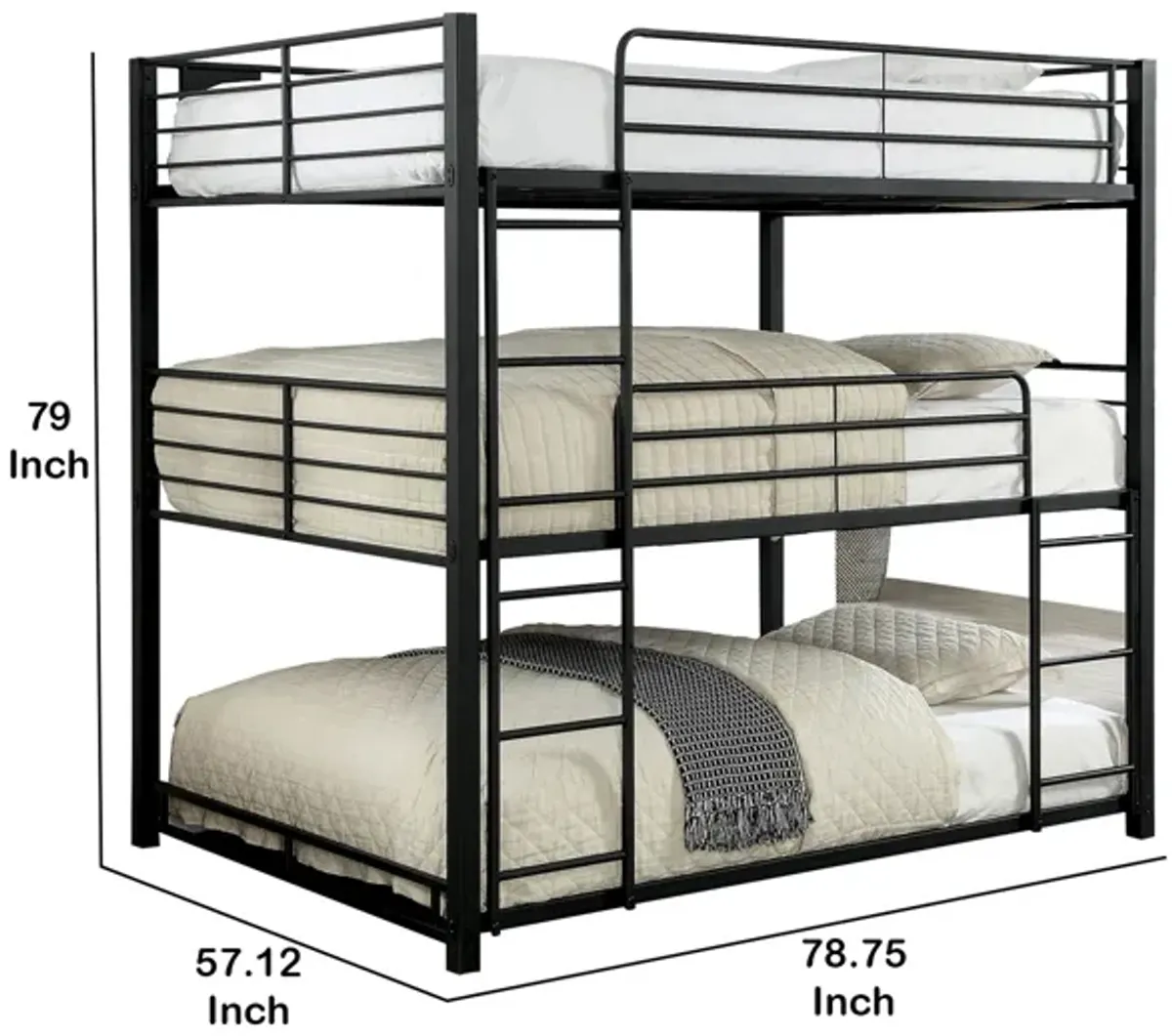 Industrial Style Full Triple Decker Bunk Bed with Ladder, Black-Benzara