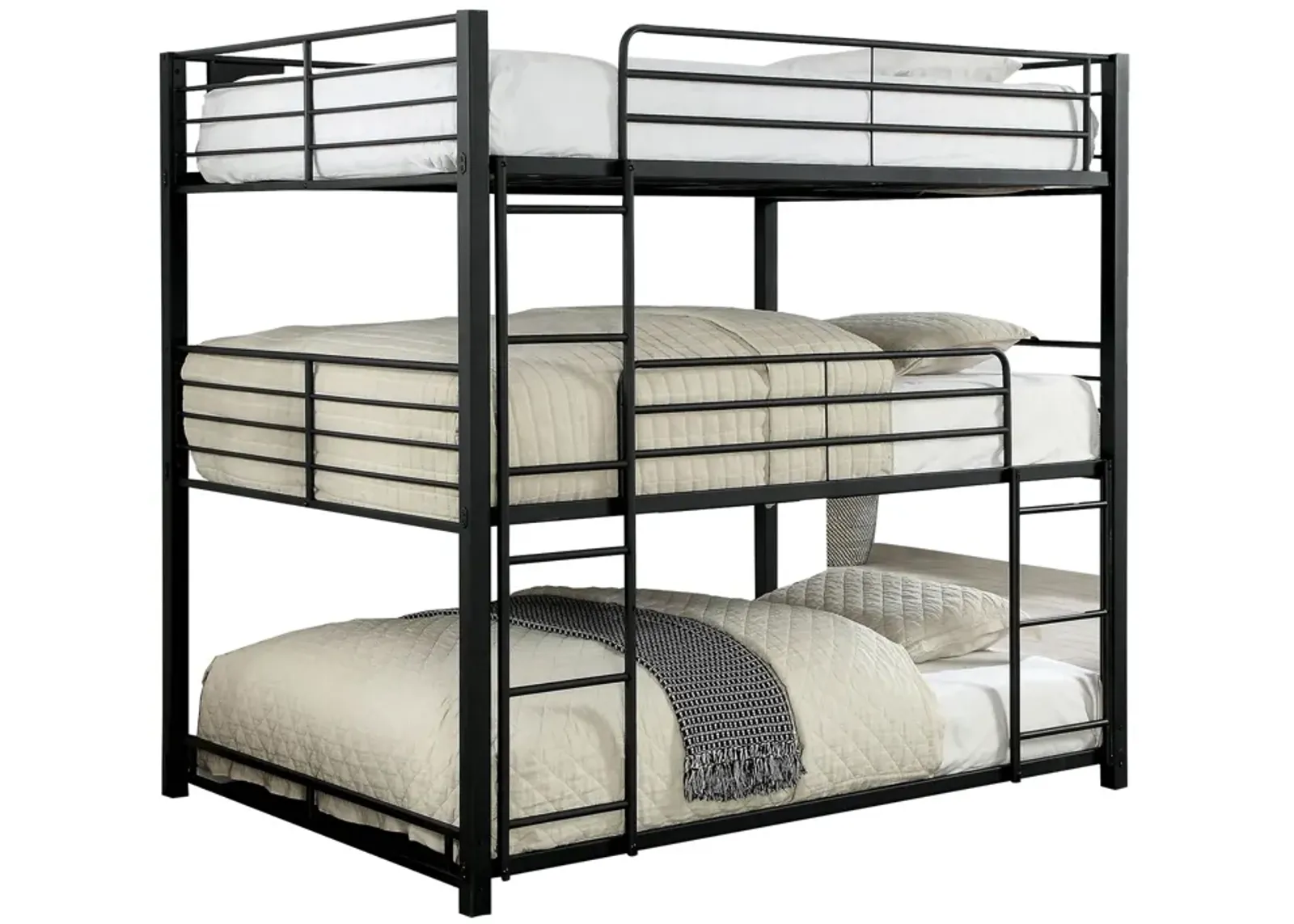 Industrial Style Full Triple Decker Bunk Bed with Ladder, Black-Benzara